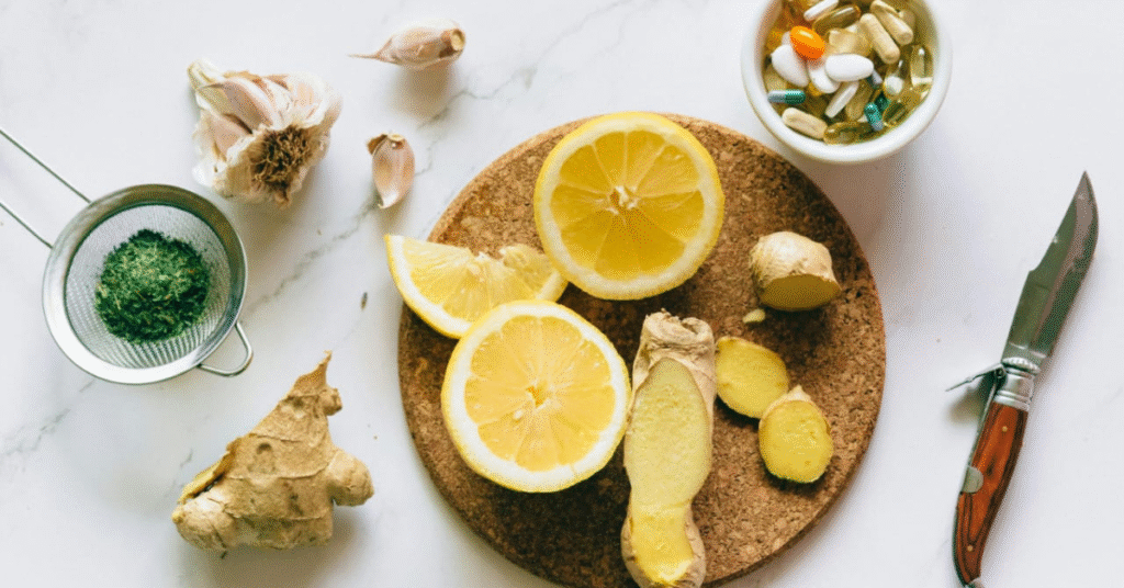 Homeopathic remedies for boosting the immune system is given in a picture contains: A glass bowl of white homepathic pellets ,an amber dropper bottle.